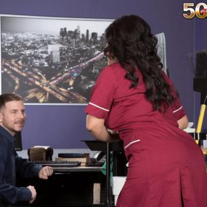 Over Fifty dark-haired cleaning dame Victoria Versaci breast screwing and sucking wood in office place