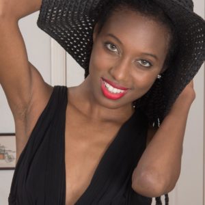 Skinny ebony first-timer Saf spreads her all natural fuckbox while outfitted in a sun hat and high-heeled shoes